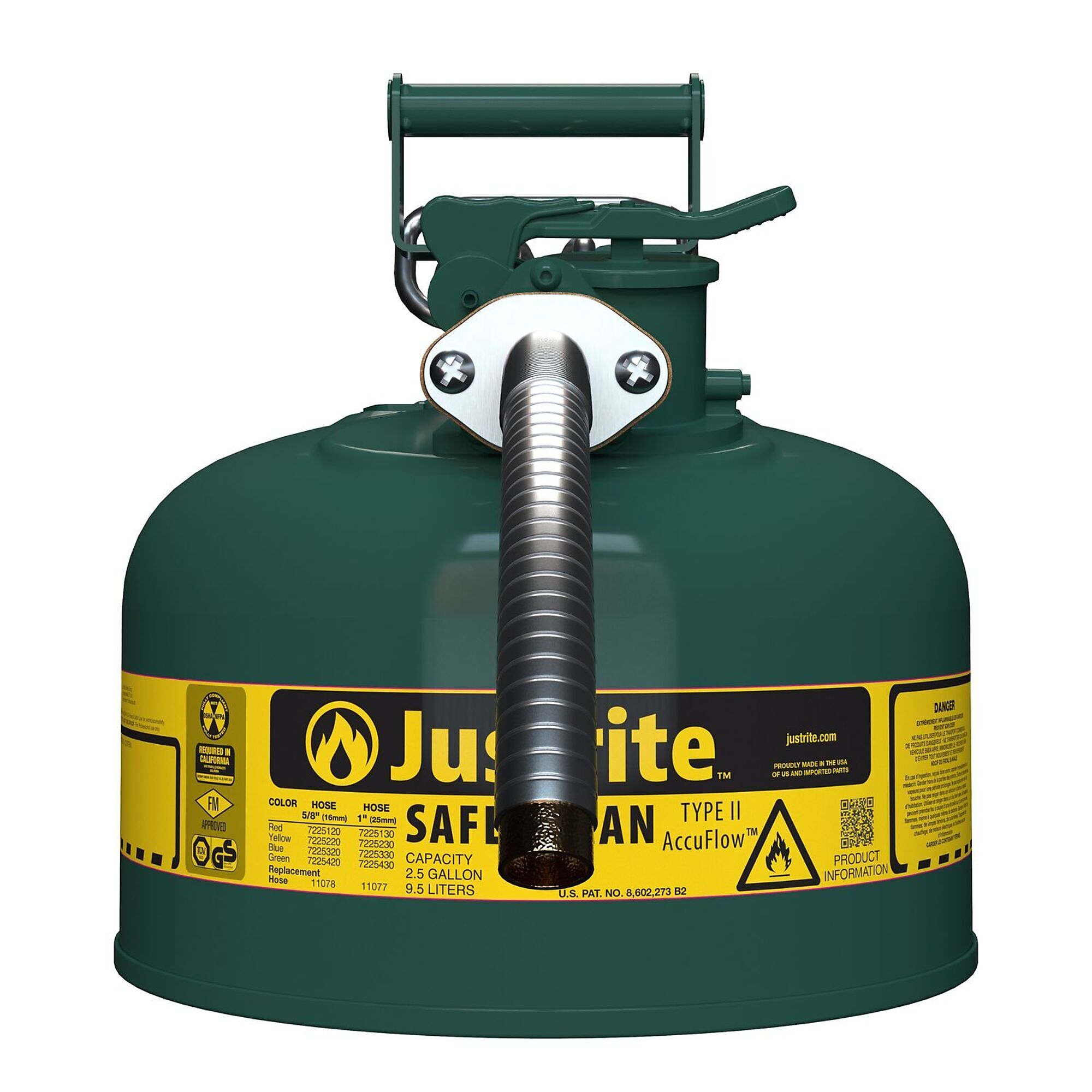 Type II AccuFlow„ Steel Safety Can for flammables, 2.5 gal., S/S flame arrester, 1" metal hose, Grn.
